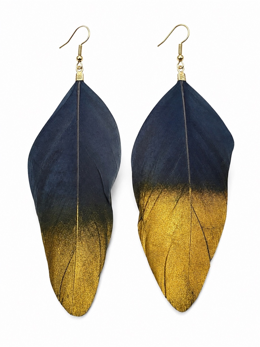 Navy Blue & Metallic Gold Feather Statement Dangle Earrings Boho